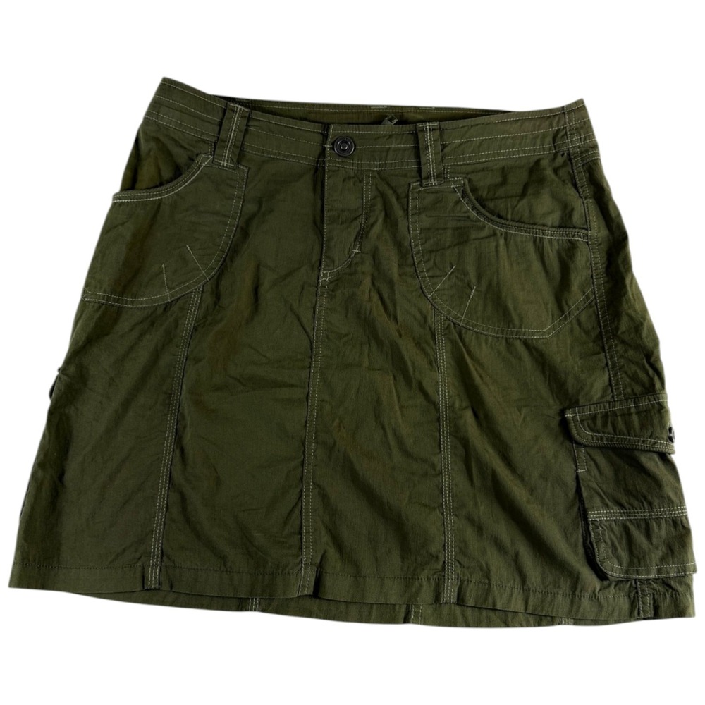 Khul Utility Cargo Skirt Womens 6‎ Olive Green Logo Stretch Hiking Everyday Wear